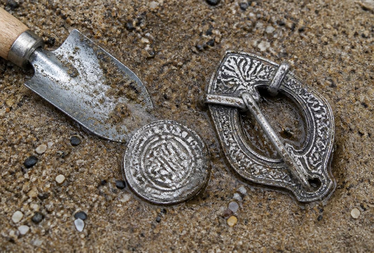 Tarnished silver hammered coin and an ornate silver brooch lying on wet beach sand next to a digging trowel