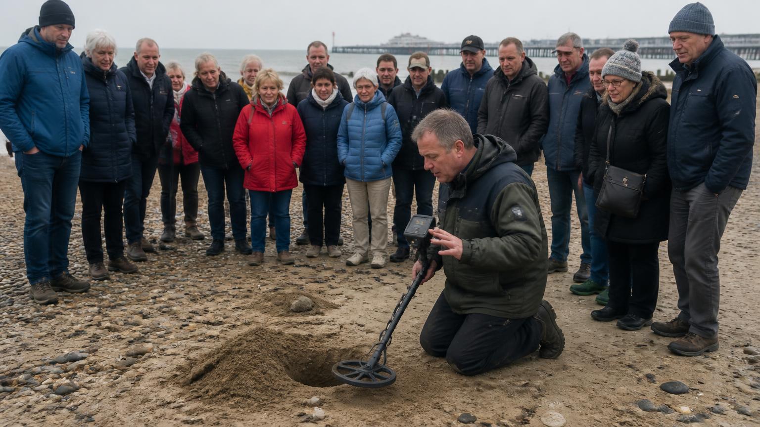 Man with a metal detector kneeling beside a small hole in the sand on a British beach while a crowd of onlookers watches