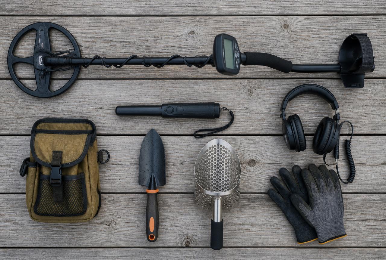 Beginner treasure hunting kit laid out on wooden boards: metal detector, pinpointer, trowel, sand scoop, finds pouch, gloves and headphones